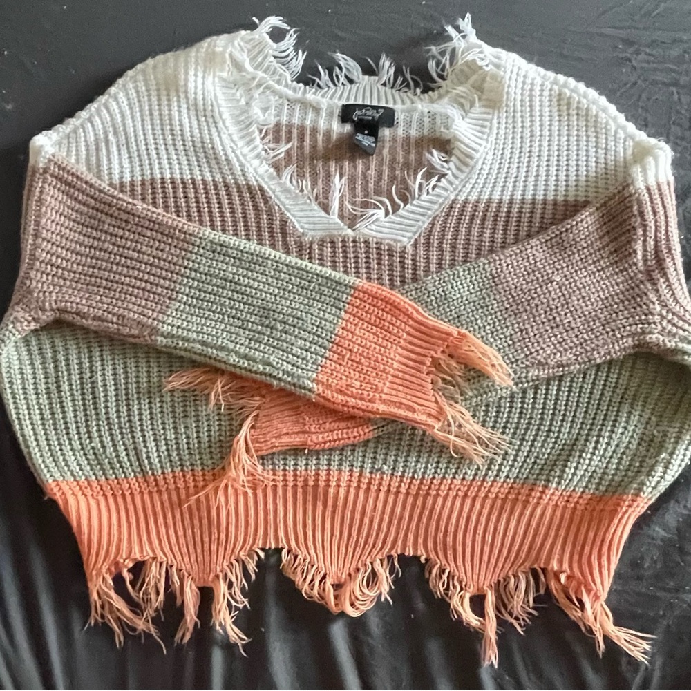 Just Polly NY Sweater | Green & Orange & Brown & Cream Striped V Neck Cardigan